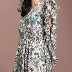 Kate and Lily Beige Mesh Peek-A-Boo Long-Sleeve Floral Ruffle Wrap Empire Dress